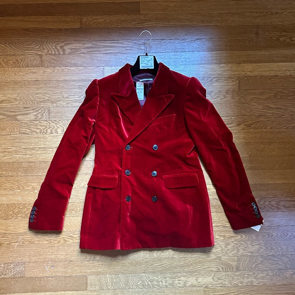 New with tags Dries Van Noten Red Crushed Velvet Double Breasted Blazer